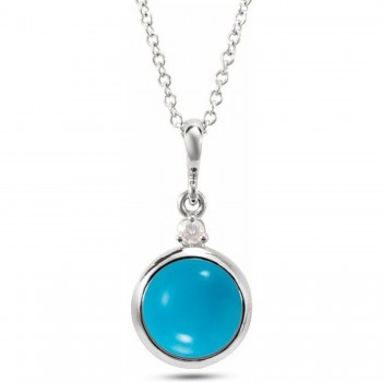 Round Natural Turquoise & Diamond Pendant Necklace 14K White Gold (0.68ct)