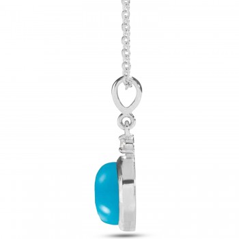 Round Natural Turquoise & Diamond Pendant Necklace 14K White Gold (0.68ct)
