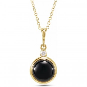 Round Natural Onyx & Diamond Pendant Necklace 14K Yellow Gold (0.65ct)