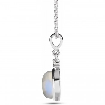 Round Natural Rainbow Moonstone & Diamond Pendant Necklace 14K White Gold (1.08ct)