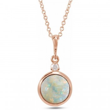 Round Natural White Opal & Diamond Pendant Necklace 14K Rose Gold (0.57ct)