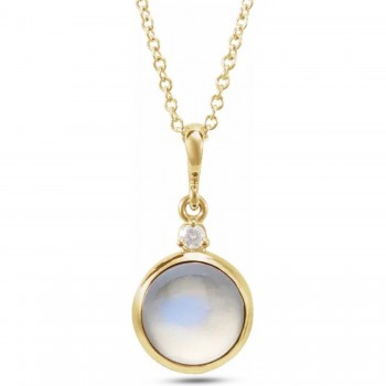 Round Natural Rainbow Moonstone & Diamond Pendant Necklace 14K Yellow Gold (1.08ct)