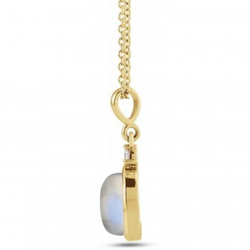 Round Natural Rainbow Moonstone & Diamond Pendant Necklace 14K Yellow Gold (1.08ct)