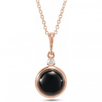 Round Natural Onyx & Diamond Pendant Necklace 14K Rose Gold (0.65ct)