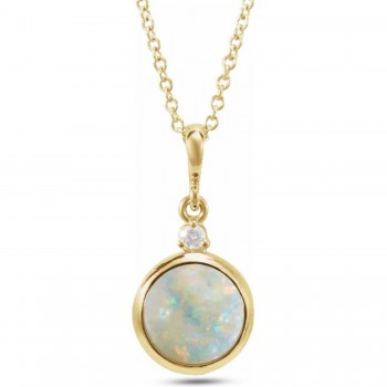 Round Natural White Opal & Diamond Pendant Necklace 14K Yellow Gold (0.57ct)
