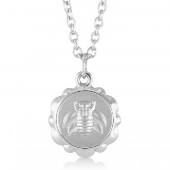 Bee Medallion Disk Pendant Necklace 14k White Gold