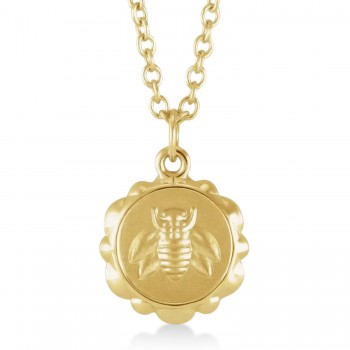 Bee Medallion Disk Pendant Necklace 14k Yellow Gold