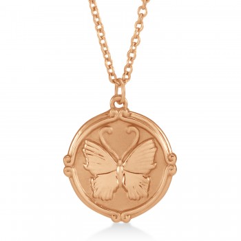 Butterfly Medallion Disk Pendant Necklace 14k Rose Gold