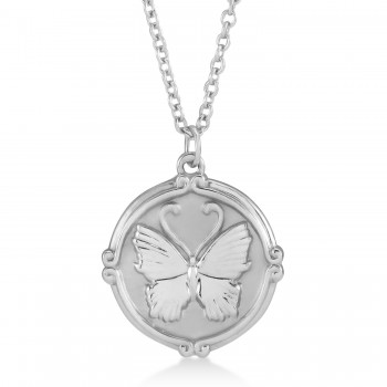 Butterfly Medallion Disk Pendant Necklace 14k White Gold