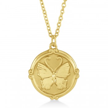 Butterfly Medallion Disk Pendant Necklace 14k Yellow Gold