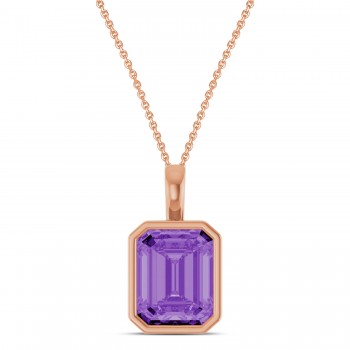 Emerald Cut Lab Grown Purple Sapphire Bezel Set Pendant Necklace 14K Rose Gold (4.48ct)