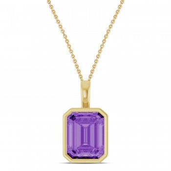 Emerald Cut Lab Grown Purple Sapphire Bezel Set Pendant Necklace 14K Yellow Gold (4.48ct)