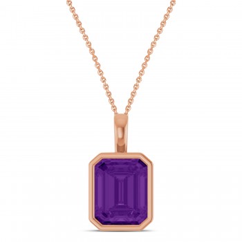 Emerald Cut Amethyst Bezel Set Pendant Necklace 14K Rose Gold (3.12ct)