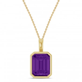 Emerald Cut Amethyst Bezel Set Pendant Necklace 14K Yellow Gold (3.12ct)