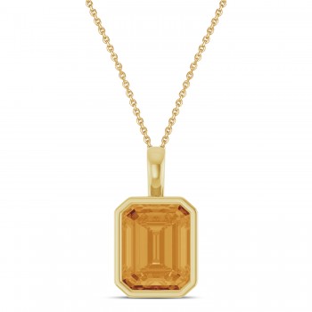 Emerald Cut Citrine Bezel Set Pendant Necklace 14K Yellow Gold (3.10ct)