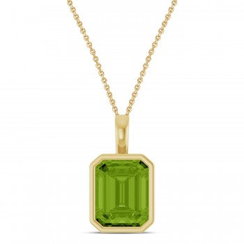 Emerald Cut Peridot Bezel Set Pendant Necklace 14K Yellow Gold (3.63ct)