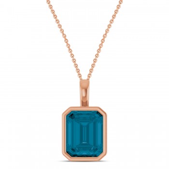 Emerald Cut London Blue Topaz Bezel Set Pendant Necklace 14K Rose Gold (4.03ct)