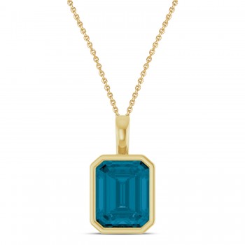 Emerald Cut London Blue Topaz Bezel Set Pendant Necklace 14K Yellow Gold (4.03ct)