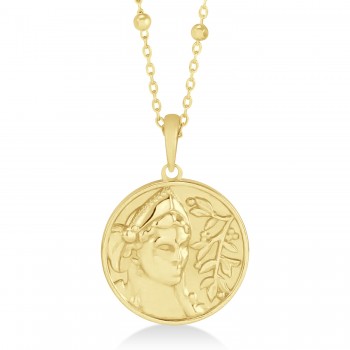 Athena Goddess of War Medallion Disk Pendant Necklace 14k Yellow Gold