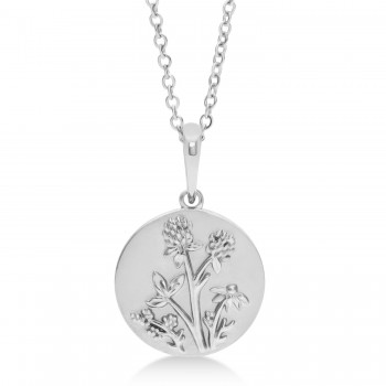 Floral Medallion Disk Pendant Necklace 14k White Gold