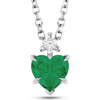 Heart Lab Grown Emerald & Natural Diamond Pendant Necklace 14K White Gold (0.43ct)