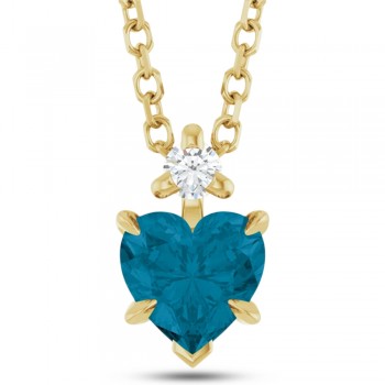 Heart Natural London Blue Topaz & Natural Diamond Pendant Necklace 14K Yellow Gold (0.60ct)