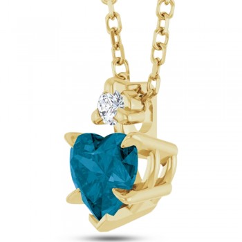 Heart Natural London Blue Topaz & Natural Diamond Pendant Necklace 14K Yellow Gold (0.60ct)