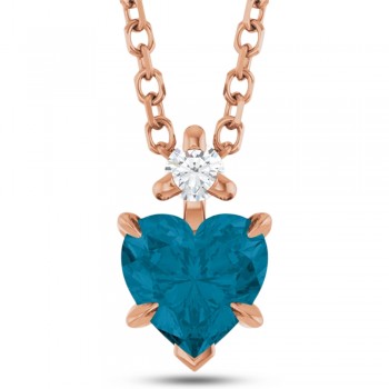 Heart Natural London Blue Topaz & Natural Diamond Pendant Necklace 14K Rose Gold (0.60ct)