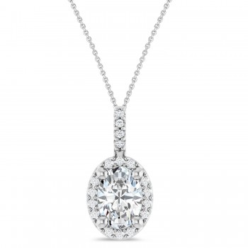 Oval Lab Grown Moissanite & Diamond Halo Pendant Necklace 14K White Gold (1.09ct)