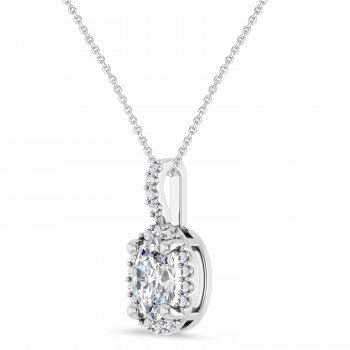 Oval Lab Grown Moissanite & Diamond Halo Pendant Necklace 14K White Gold (1.09ct)