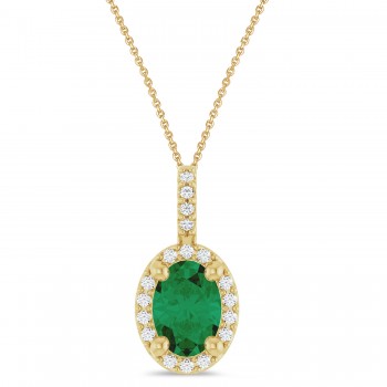 Oval Lab Grown Emerald & Diamond Halo Pendant Necklace 14K Yellow Gold (0.78ct)