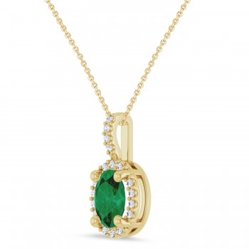 Oval Lab Grown Emerald & Diamond Halo Pendant Necklace 14K Yellow Gold (0.78ct)