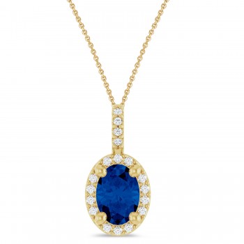 Oval Lab Grown Blue Sapphire & Diamond Halo Pendant Necklace 14K Yellow Gold (1.15ct)