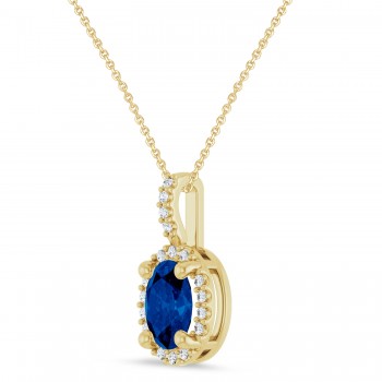 Oval Lab Grown Blue Sapphire & Diamond Halo Pendant Necklace 14K Yellow Gold (1.15ct)
