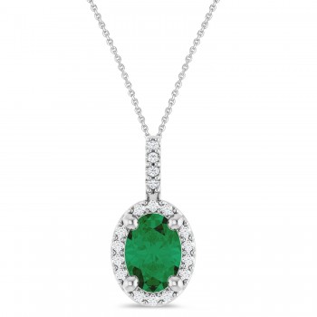 Oval Lab Grown Emerald & Diamond Halo Pendant Necklace 14K White Gold (0.78ct)