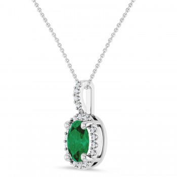 Oval Lab Grown Emerald & Diamond Halo Pendant Necklace 14K White Gold (0.78ct)
