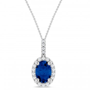 Oval Lab Grown Blue Sapphire & Diamond Halo Pendant Necklace 14K White Gold (1.15ct)