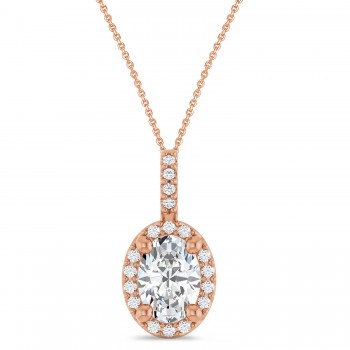 Oval Lab Grown Moissanite & Diamond Halo Pendant Necklace 14K Rose Gold (1.09ct)