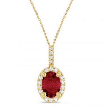 Oval Lab Grown Ruby & Diamond Halo Pendant Necklace 14K Yellow Gold (1.10ct)