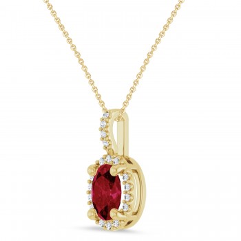 Oval Lab Grown Ruby & Diamond Halo Pendant Necklace 14K Yellow Gold (1.10ct)