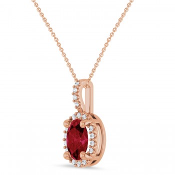 Oval Lab Grown Ruby & Diamond Halo Pendant Necklace 14K Rose Gold (1.10ct)