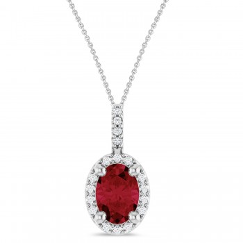 Oval Lab Grown Ruby & Diamond Halo Pendant Necklace 14K White Gold (1.10ct)
