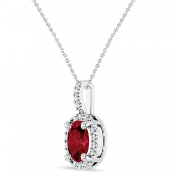 Oval Lab Grown Ruby & Diamond Halo Pendant Necklace 14K White Gold (1.10ct)