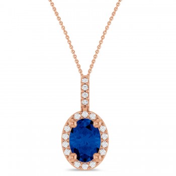 Oval Lab Grown Blue Sapphire & Diamond Halo Pendant Necklace 14K Rose Gold (1.15ct)