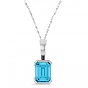 Emerald Cut Lab Grown Aqua Sapphire Pendant Necklace 14K White Gold (2.07ct)