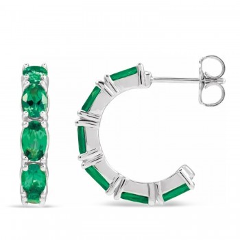 Oval Emerald Hoop Earrings 14K White Gold (2.58ct)