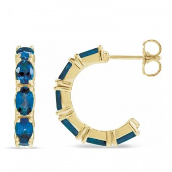Oval Lab Grown Blue Sapphire Hoop Earrings 14K Yellow Gold (3.36ct)
