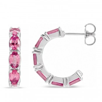 Oval Pink Tourmaline Hoop Earrings 14K White Gold (3.24ct)