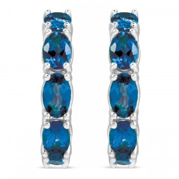 Oval Lab Grown Blue Sapphire Hoop Earrings 14K White Gold (3.36ct)