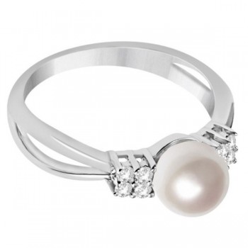 Diamond Accented Akoya Cultured Pearl Ring 14K White Gold 6.5-7mm